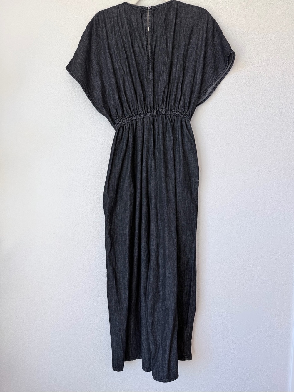 World Market Charcoal Chambray Wide Leg Jumpsuit S/M Deep V Boho Cotton - Picture 2 of 12
